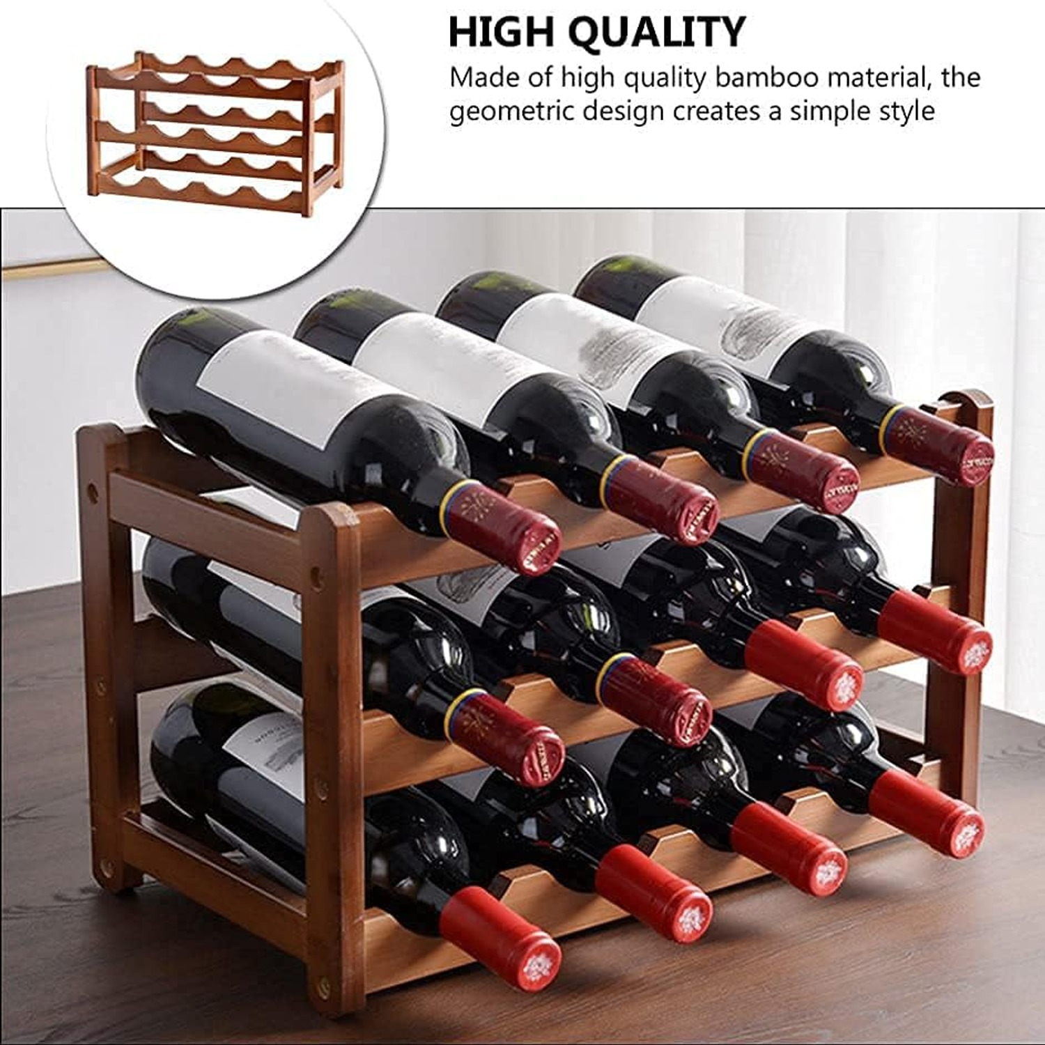 Bamboo Wine Rack 12 Bottle 3 Tier Countertop Stand